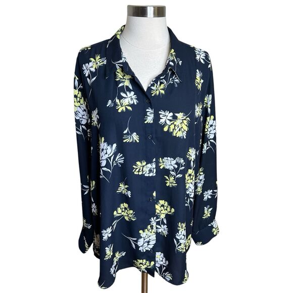 Banana Republic Top Womens XXL Blue Yellow Floral Long Sleeve Button Down - Picture 1 of 8